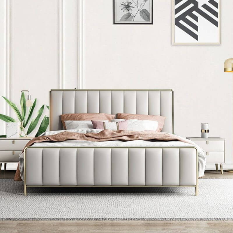 Glam Upholstered Panel Bed in Grey with Headboard