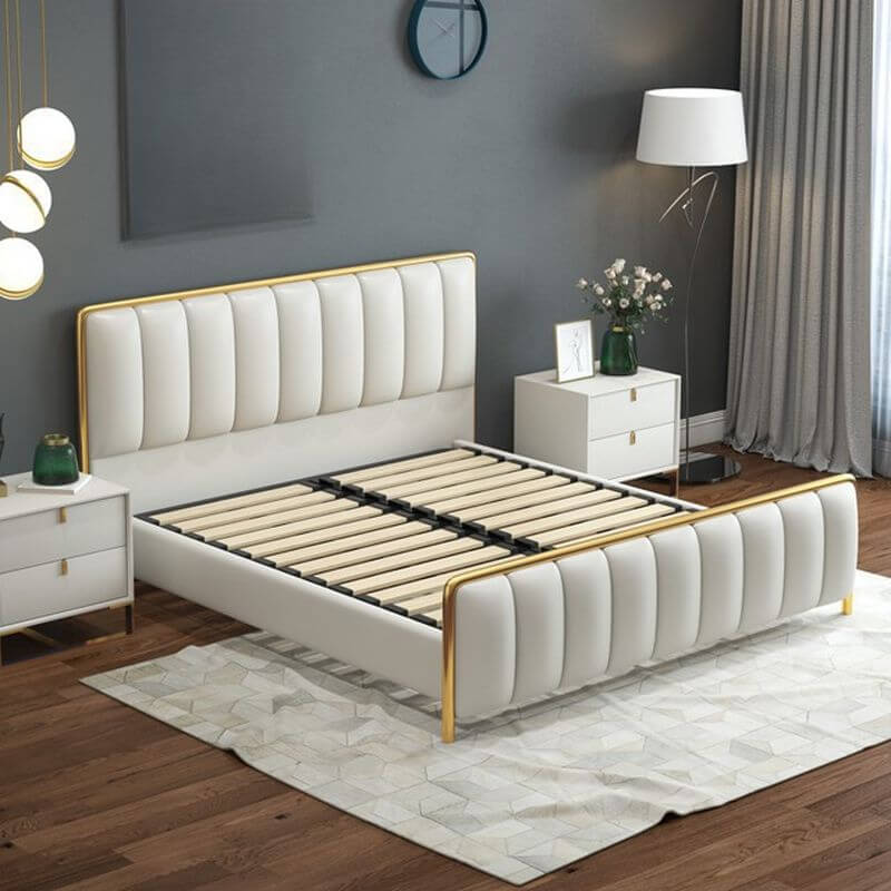 Glam Upholstered Panel Bed in Grey with Headboard