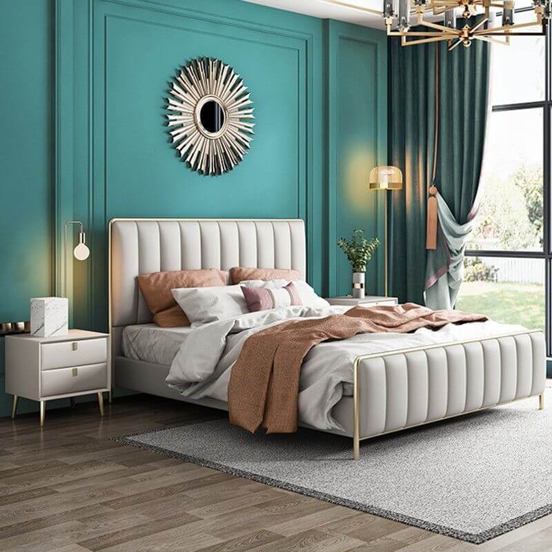 Glam Upholstered Panel Bed in Grey with Headboard Main Product Image Imagen principal del producto