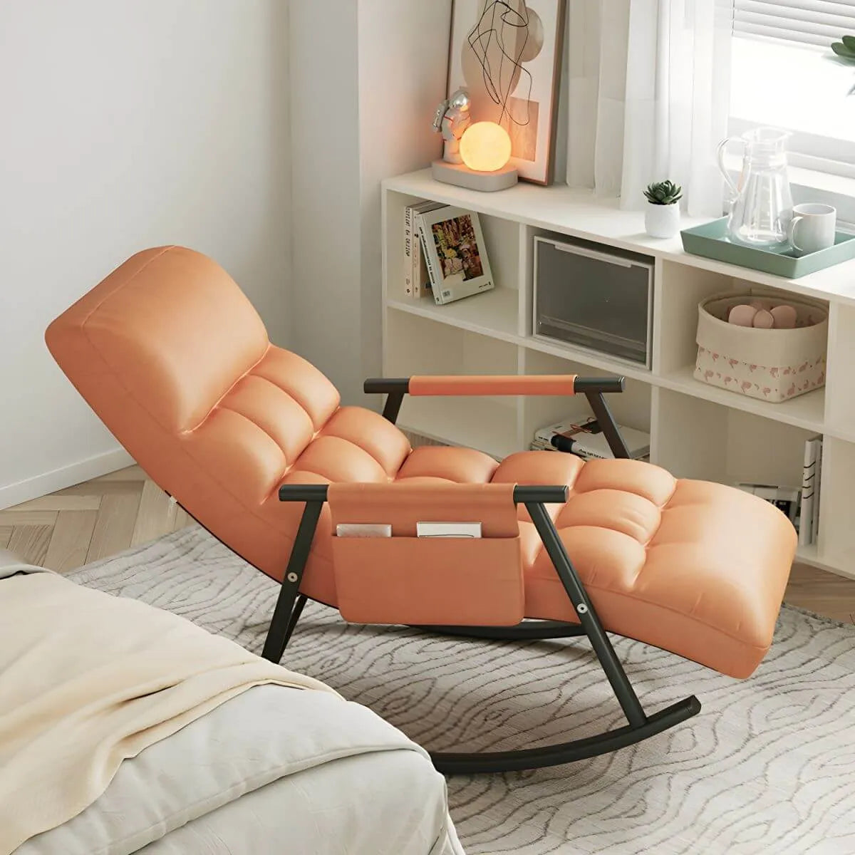 Glam Upholstered Tufted Recliner Rocking Chair with Faux Leather