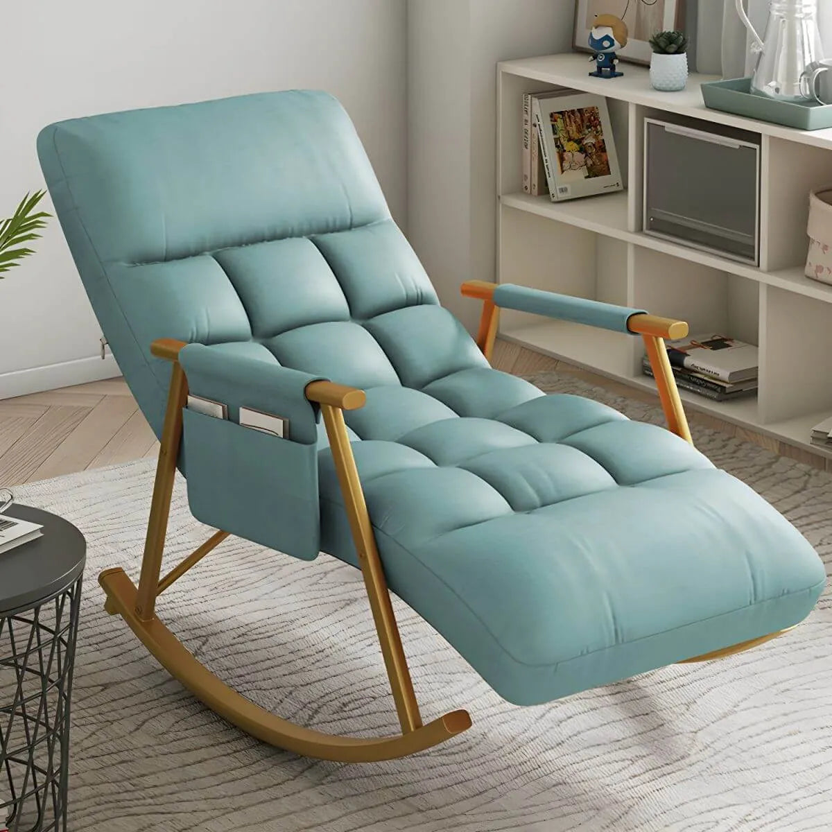 Glam Upholstered Tufted Recliner Rocking Chair with Faux Leather
