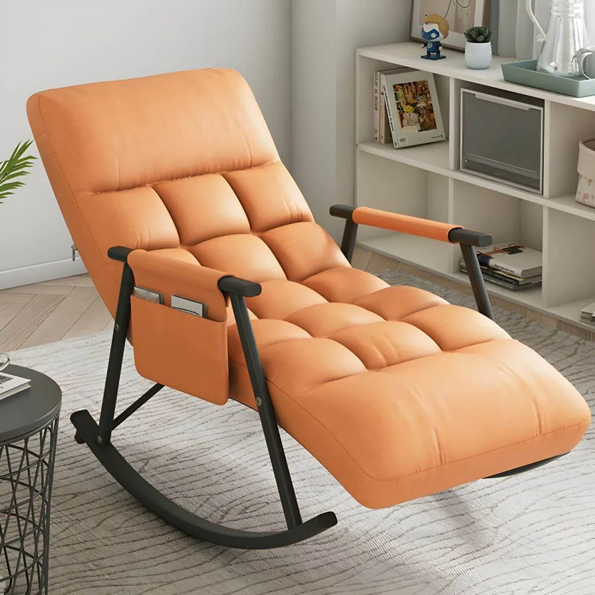Glam Upholstered Tufted Recliner Rocking Chair with Faux Leather