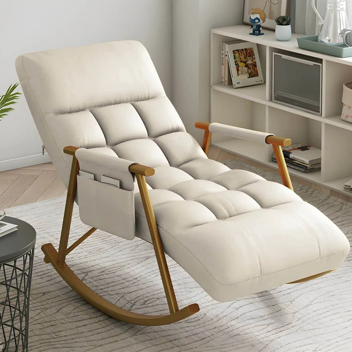 Glam Upholstered Tufted Recliner Rocking Chair with Faux Leather