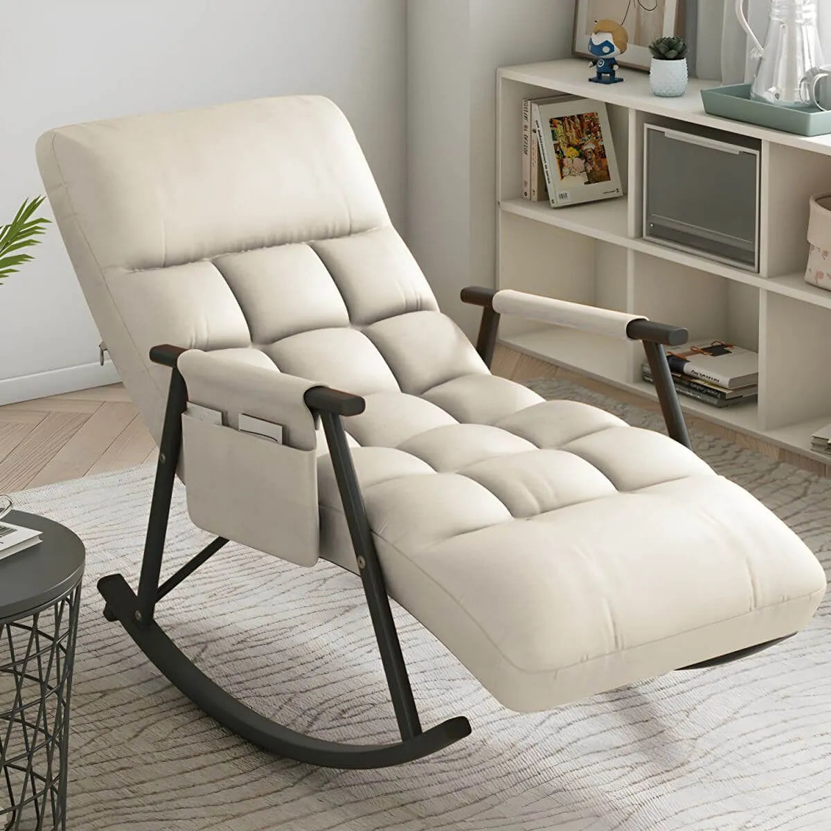 Glam Upholstered Tufted Recliner Rocking Chair with Faux Leather