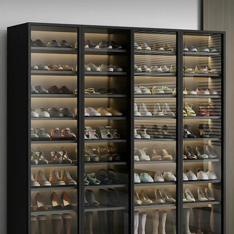 Glam White & Grey Shoe Cabinet with Glass Doors and LED Lighting
