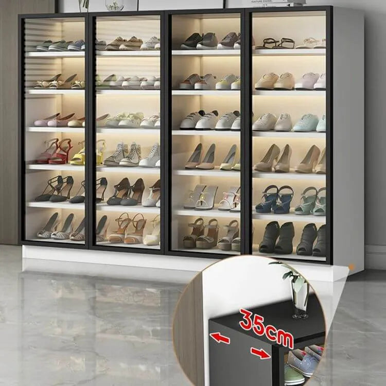 Glam White & Grey Shoe Cabinet with Glass Doors and LED Lighting