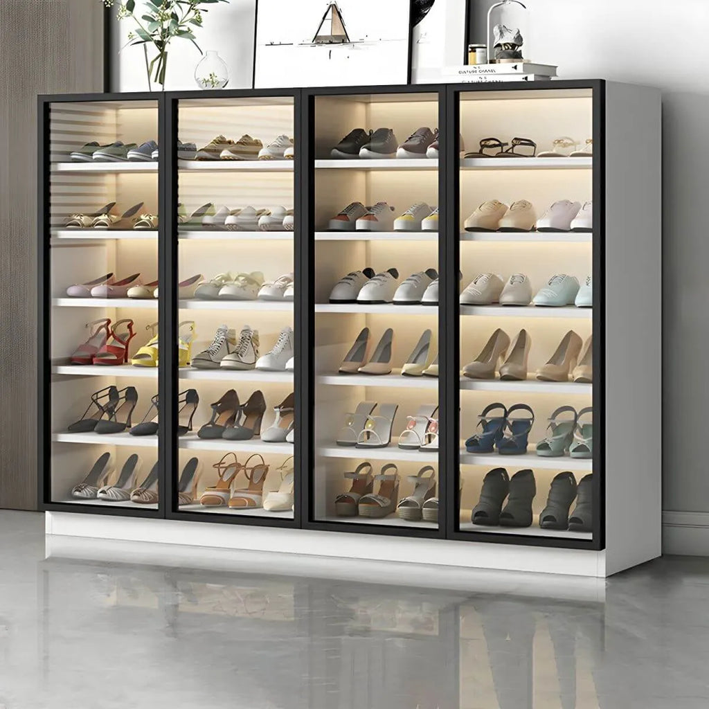 Glam White & Grey Shoe Cabinet with Glass Doors and LED Lighting