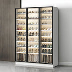 Glam White & Grey Shoe Cabinet with Glass Doors and LED Lighting