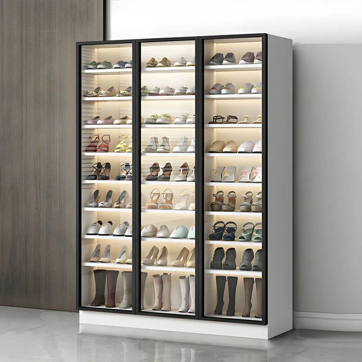Glam White & Grey Shoe Cabinet with Glass Doors and LED Lighting