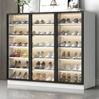 Glam White & Grey Shoe Cabinet with Glass Doors and LED Lighting