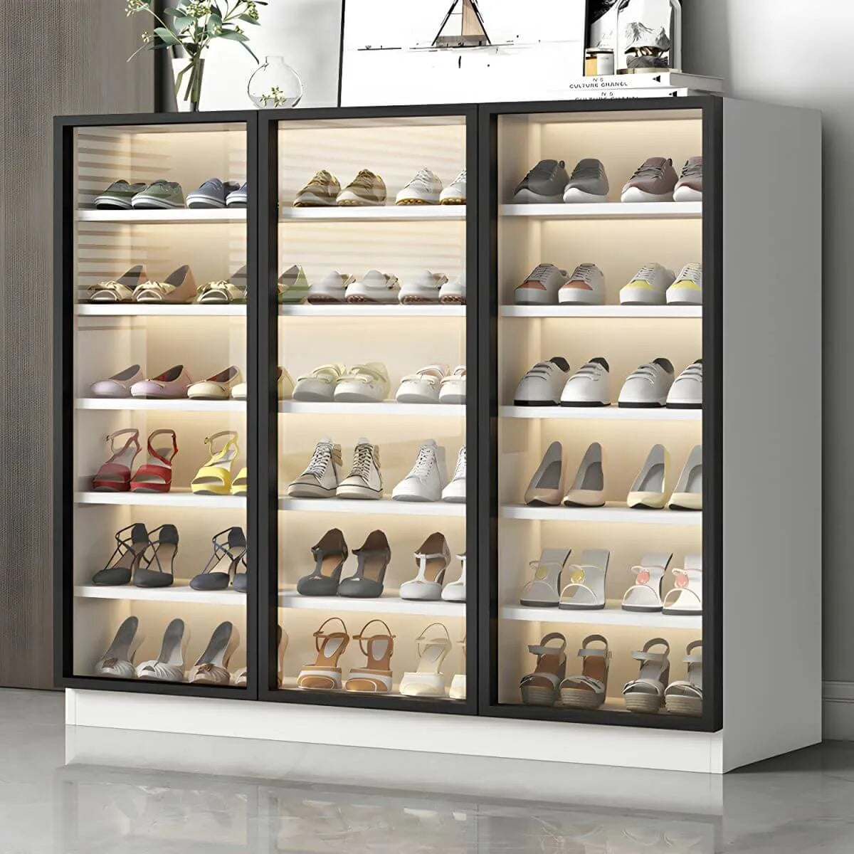 Glam White & Grey Shoe Cabinet with Glass Doors and LED Lighting