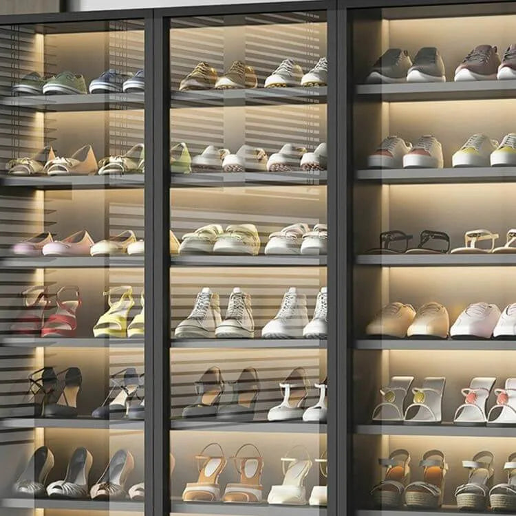 Glam White & Grey Shoe Cabinet with Glass Doors and LED Lighting
