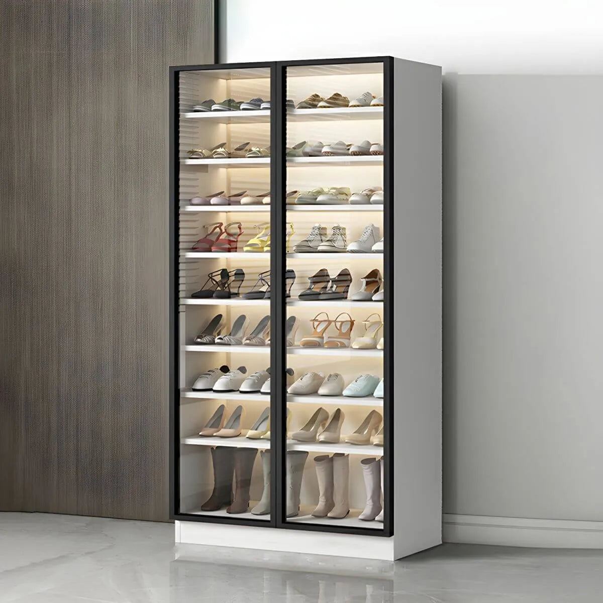Glam White & Grey Shoe Cabinet with Glass Doors and LED Lighting