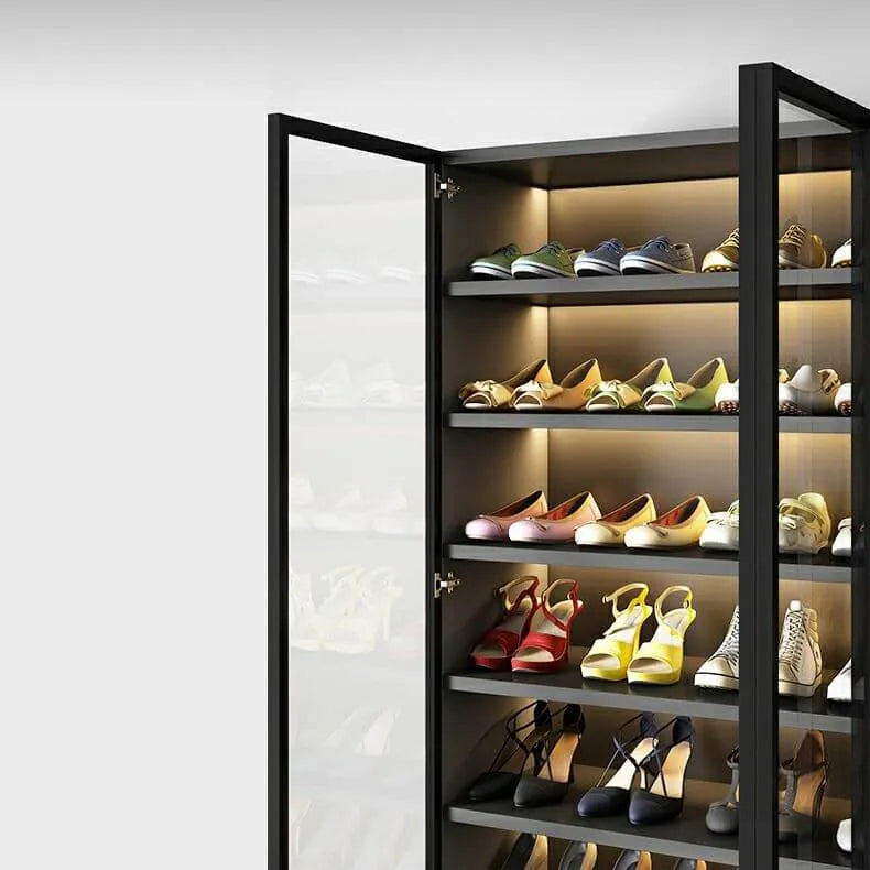 Glam White & Grey Shoe Cabinet with Glass Doors and LED Lighting