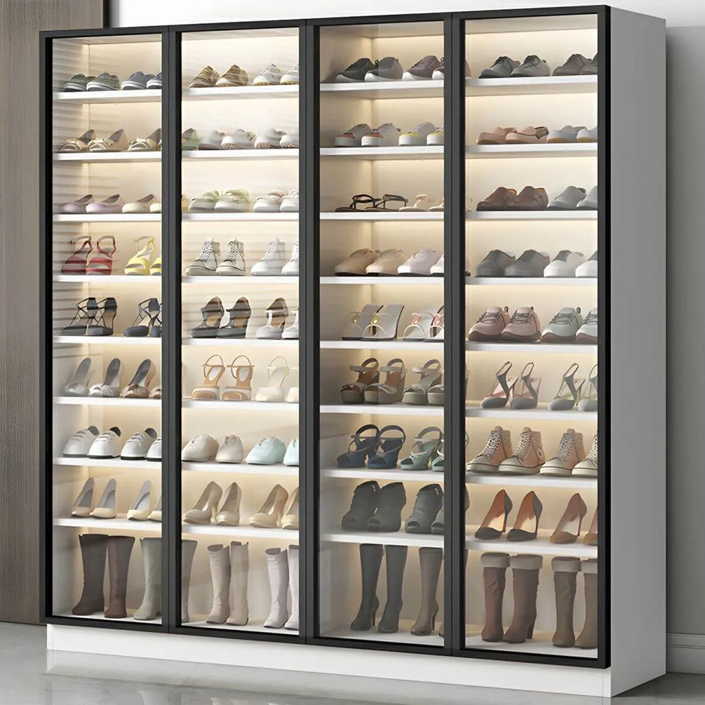 Glam White & Grey Shoe Cabinet with Glass Doors and LED Lighting