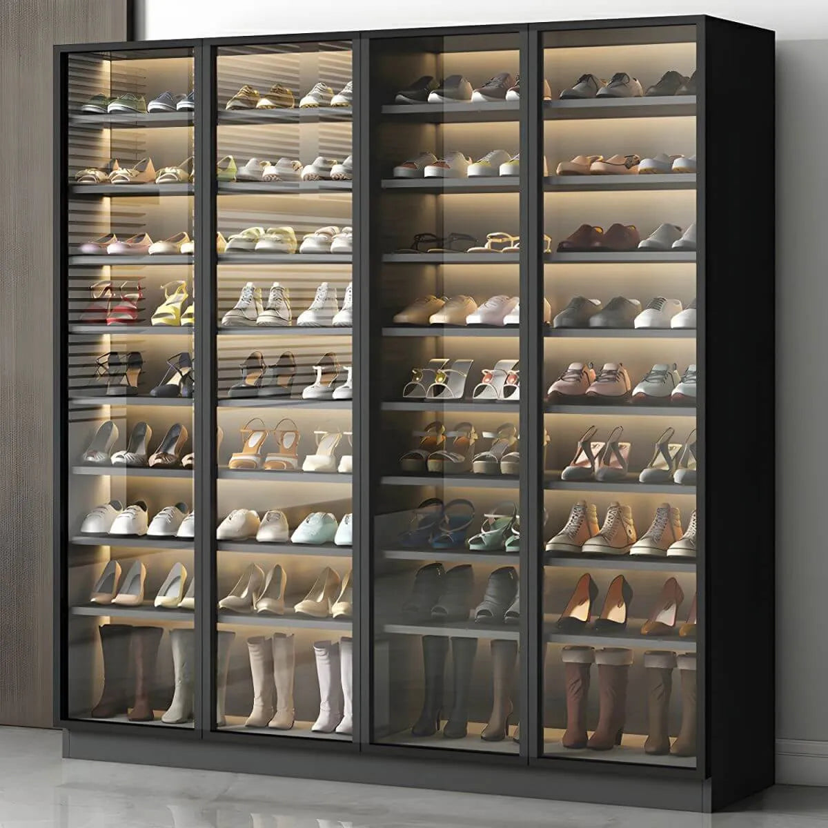 Glam White & Grey Shoe Cabinet with Glass Doors and LED Lighting