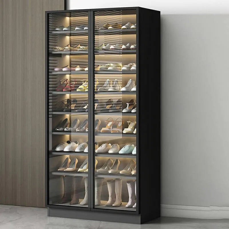 Glam White & Grey Shoe Cabinet with Glass Doors and LED Lighting