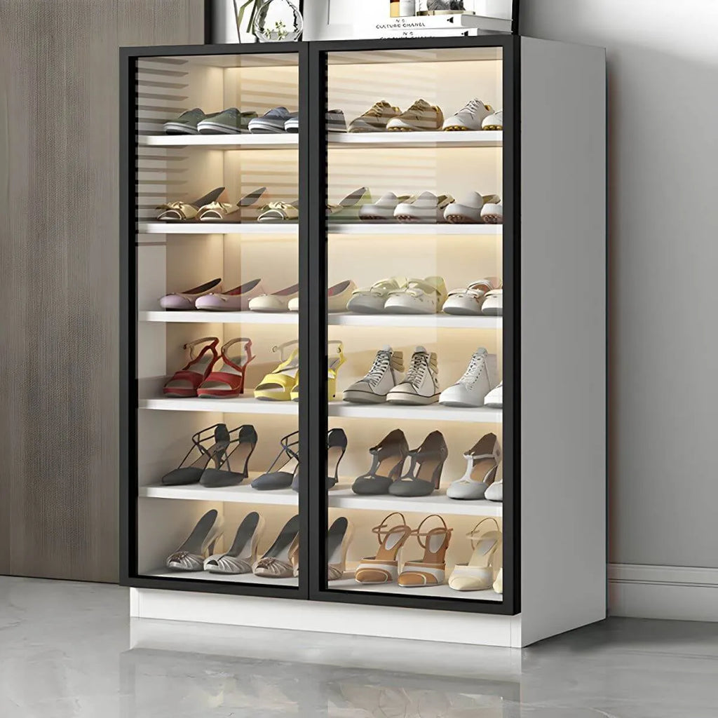 Glam White & Grey Shoe Cabinet with Glass Doors and LED Lighting