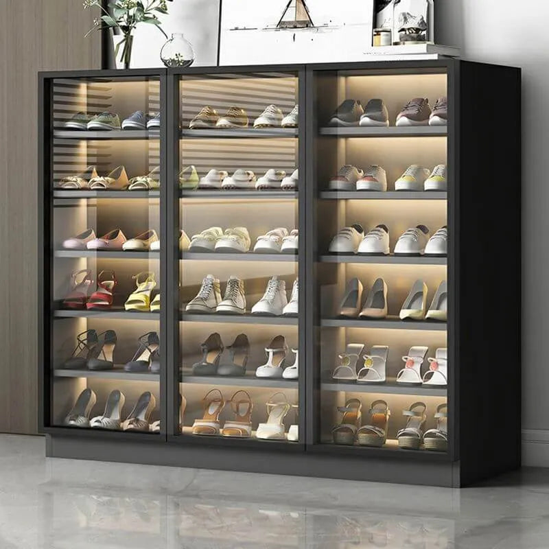 Glam White & Grey Shoe Cabinet with Glass Doors and LED Lighting Main Product Image