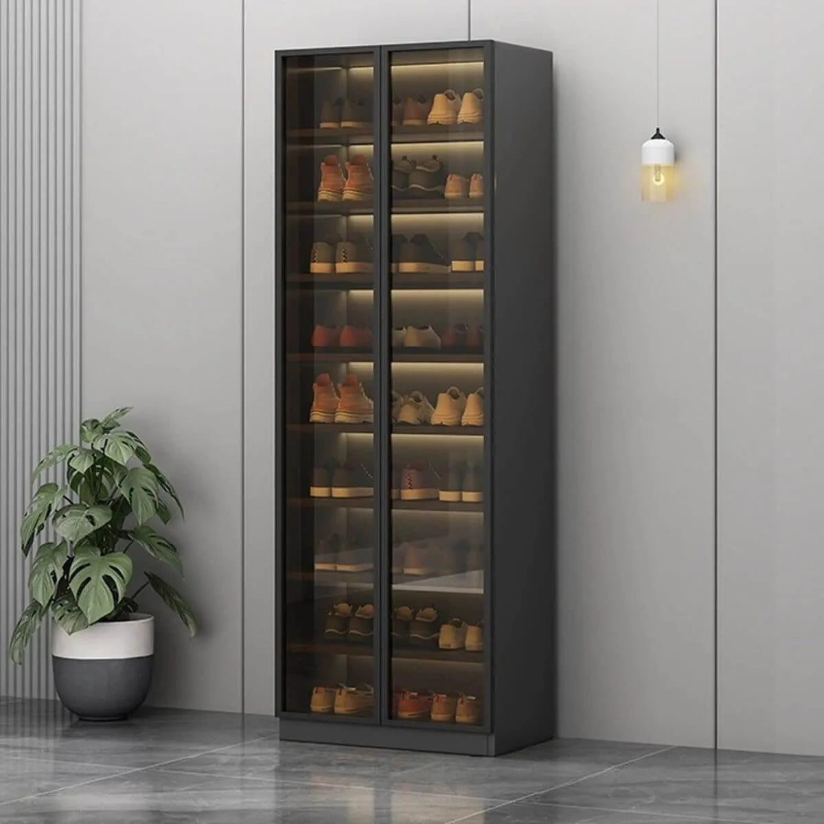 Glam White Shoe Cabinet with Frosted Glass Doors & LED Lighting