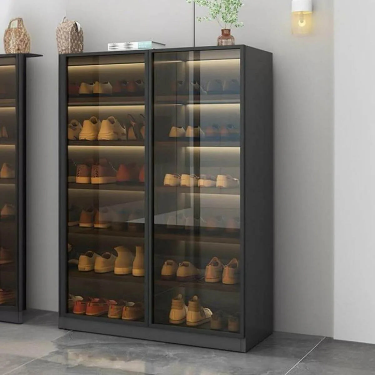Glam White Shoe Cabinet with Frosted Glass Doors & LED Lighting