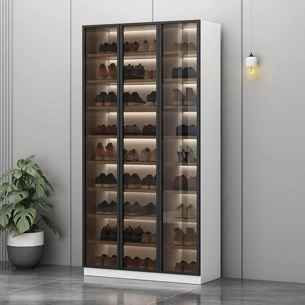 Glam White Shoe Cabinet with Frosted Glass Doors & LED Lighting