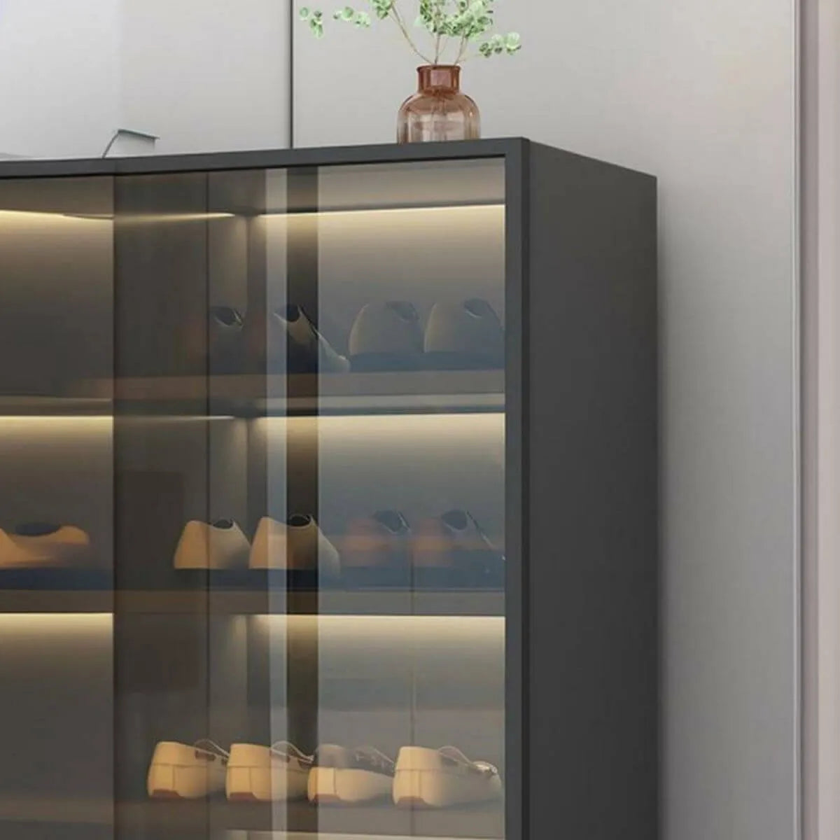 Glam White Shoe Cabinet with Frosted Glass Doors & LED Lighting