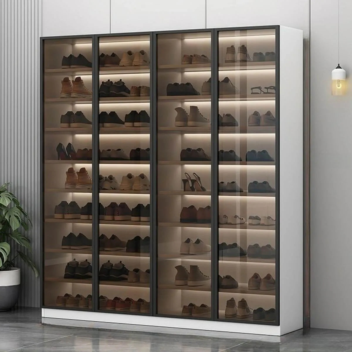 Glam White Shoe Cabinet with Frosted Glass Doors & LED Lighting