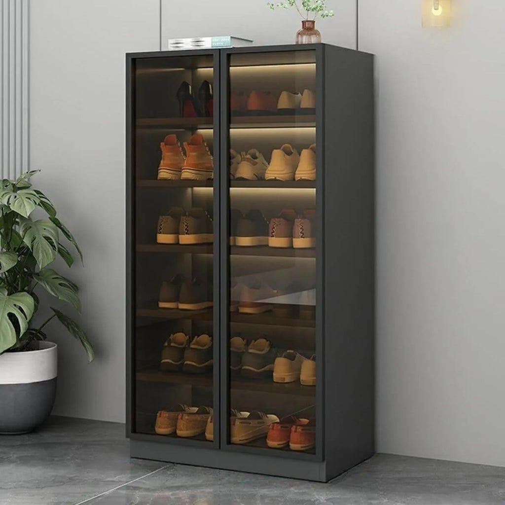 Glam White Shoe Cabinet with Frosted Glass Doors & LED Lighting