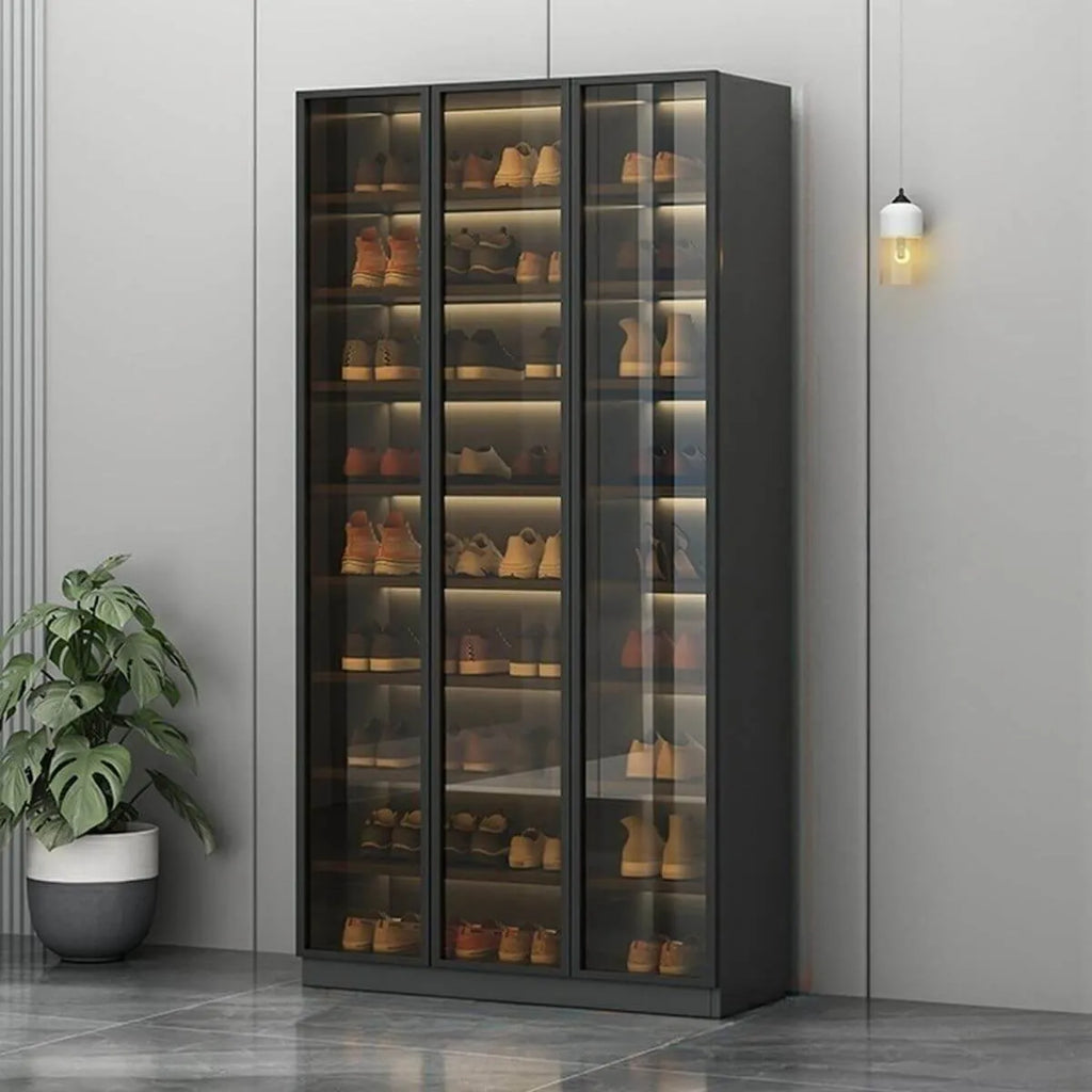 Glam White Shoe Cabinet with Frosted Glass Doors & LED Lighting