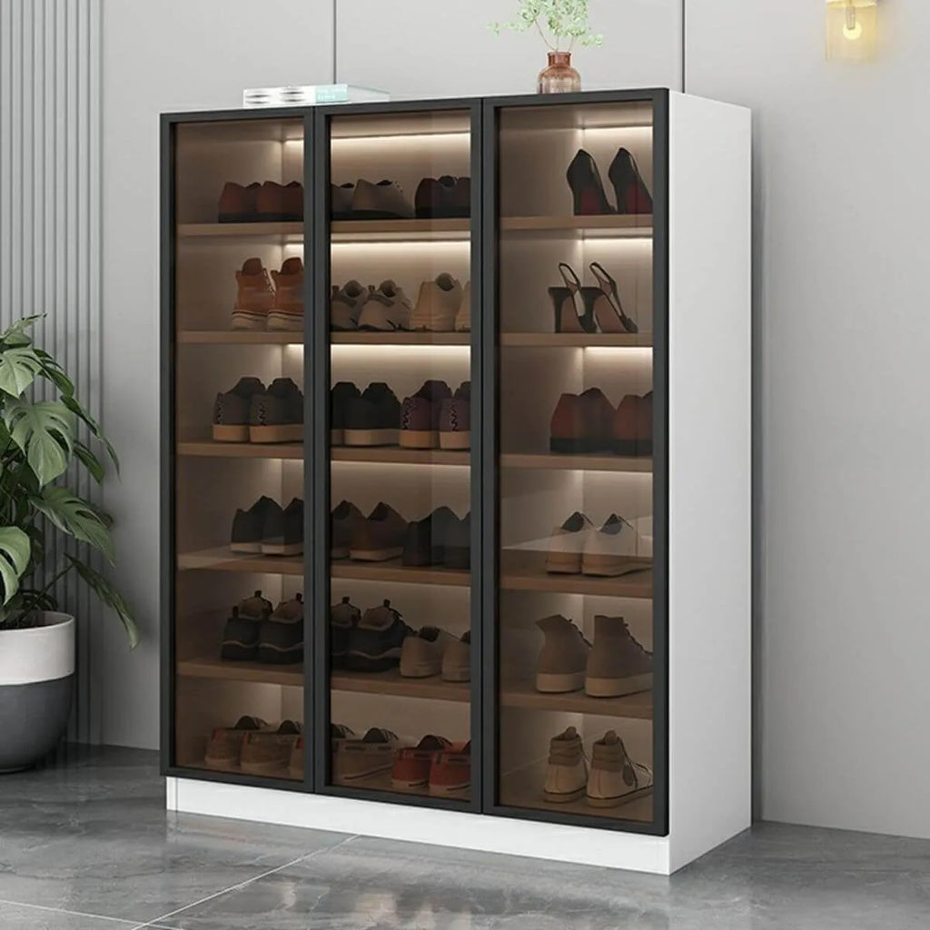 Glam White Shoe Cabinet with Frosted Glass Doors & LED Lighting