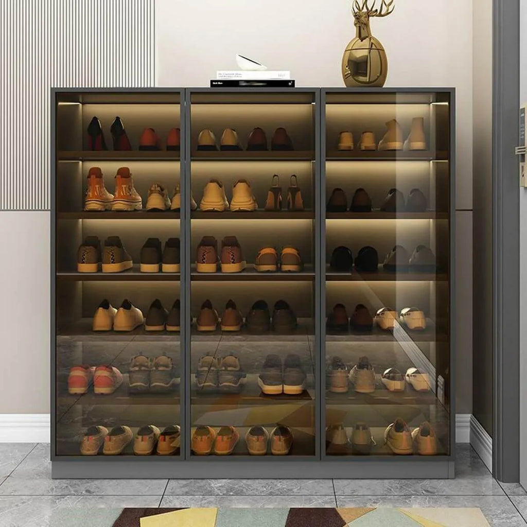 Glam White Shoe Cabinet with Frosted Glass Doors & LED Lighting