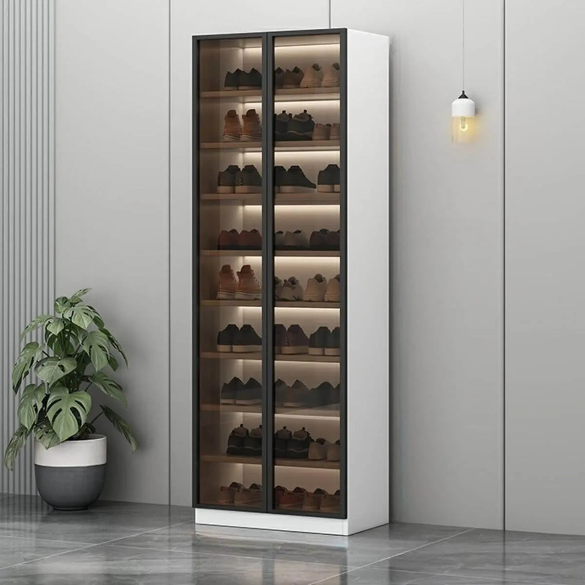 Glam White Shoe Cabinet with Frosted Glass Doors & LED Lighting