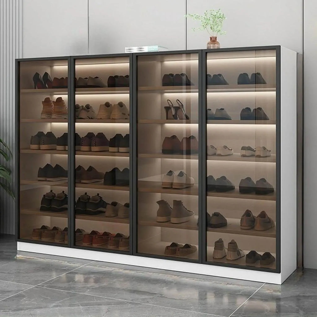 Glam White Shoe Cabinet with Frosted Glass Doors & LED Lighting