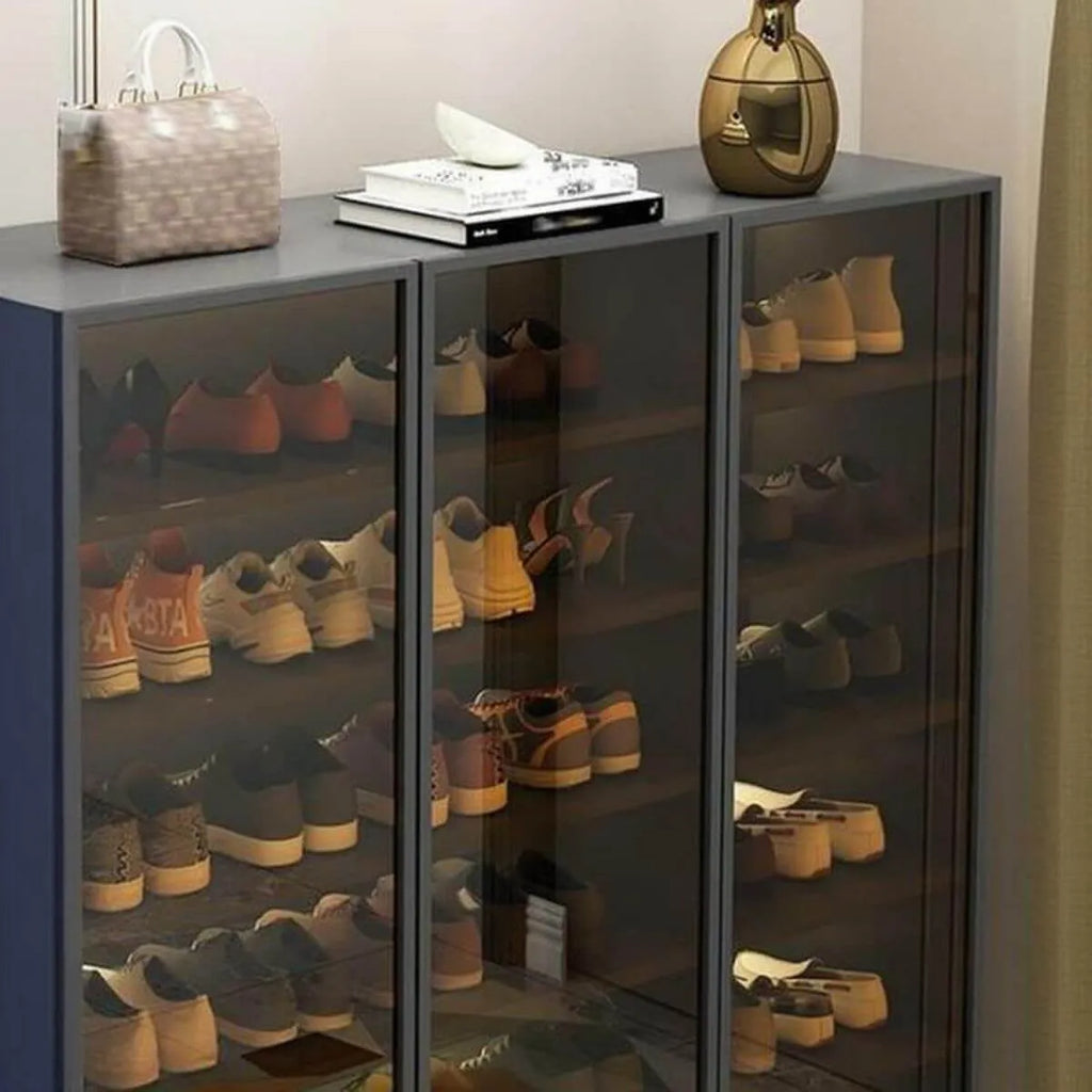 Glam White Shoe Cabinet with Frosted Glass Doors & LED Lighting