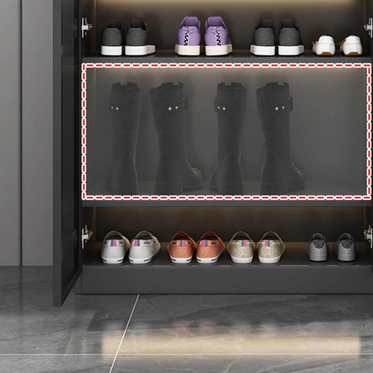 Glam White Shoe Cabinet with Frosted Glass Doors & LED Lighting