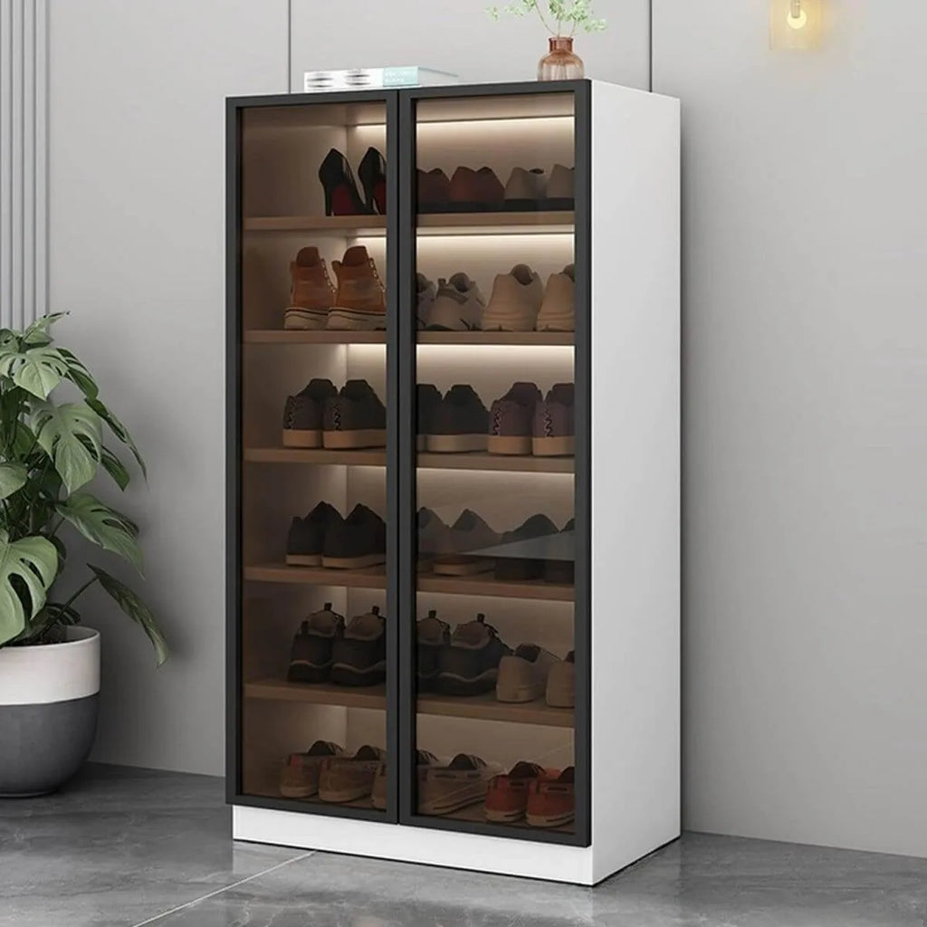 Glam White Shoe Cabinet with Frosted Glass Doors & LED Lighting