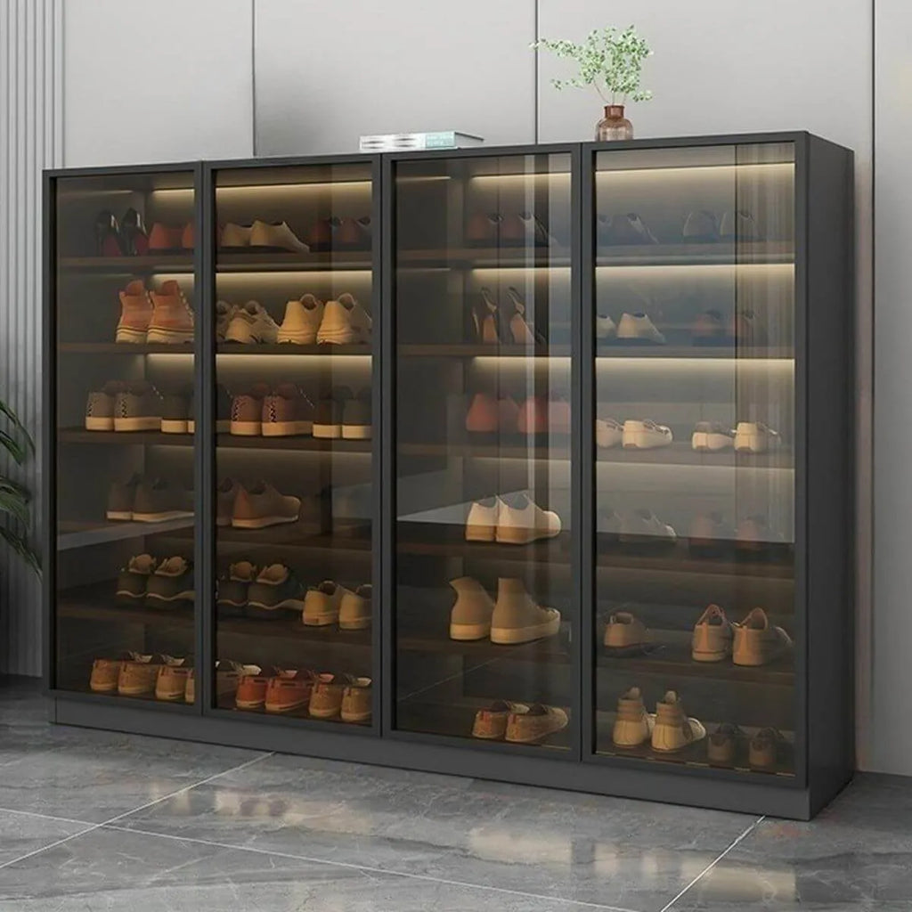 Glam White Shoe Cabinet with Frosted Glass Doors & LED Lighting