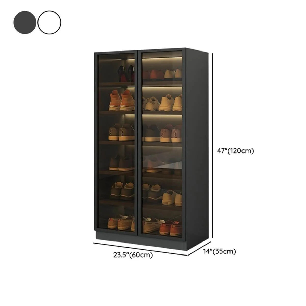 Glam White Shoe Cabinet with Frosted Glass Doors & LED Lighting Dimensions