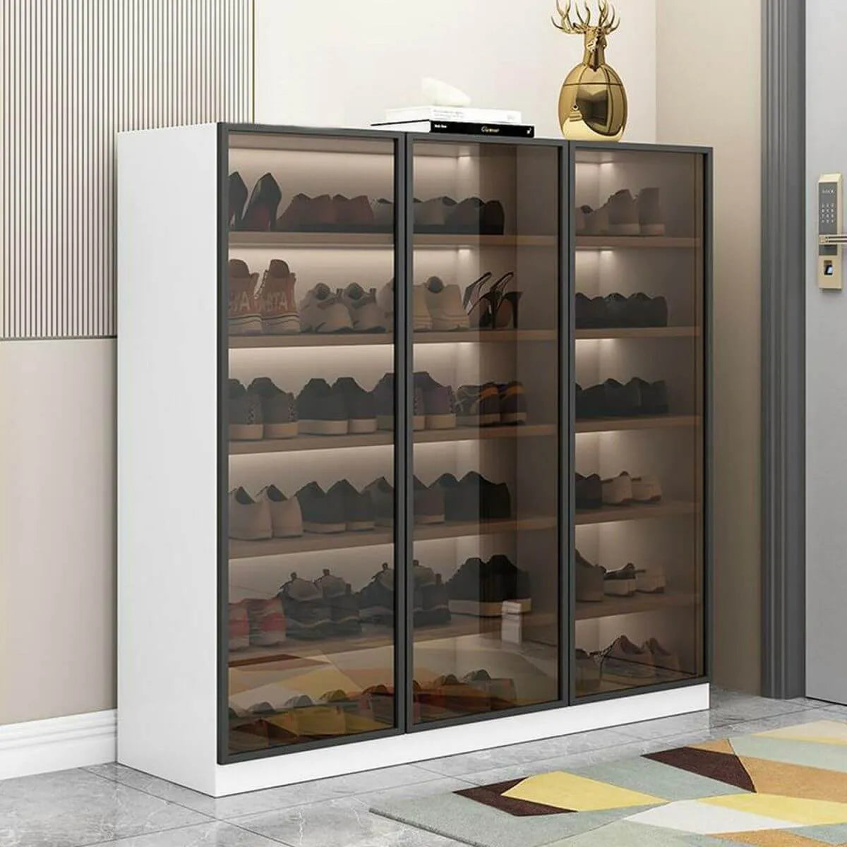 Glam White Shoe Cabinet with Frosted Glass Doors & LED Lighting Main Product Image Main image