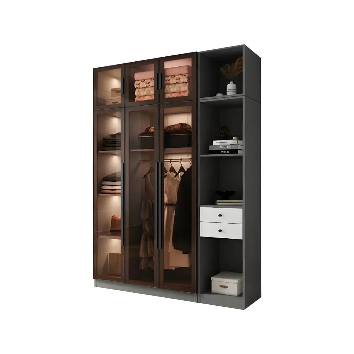 Glass Front Gray Wardrobe Armoire Series With Soft-Close Storage