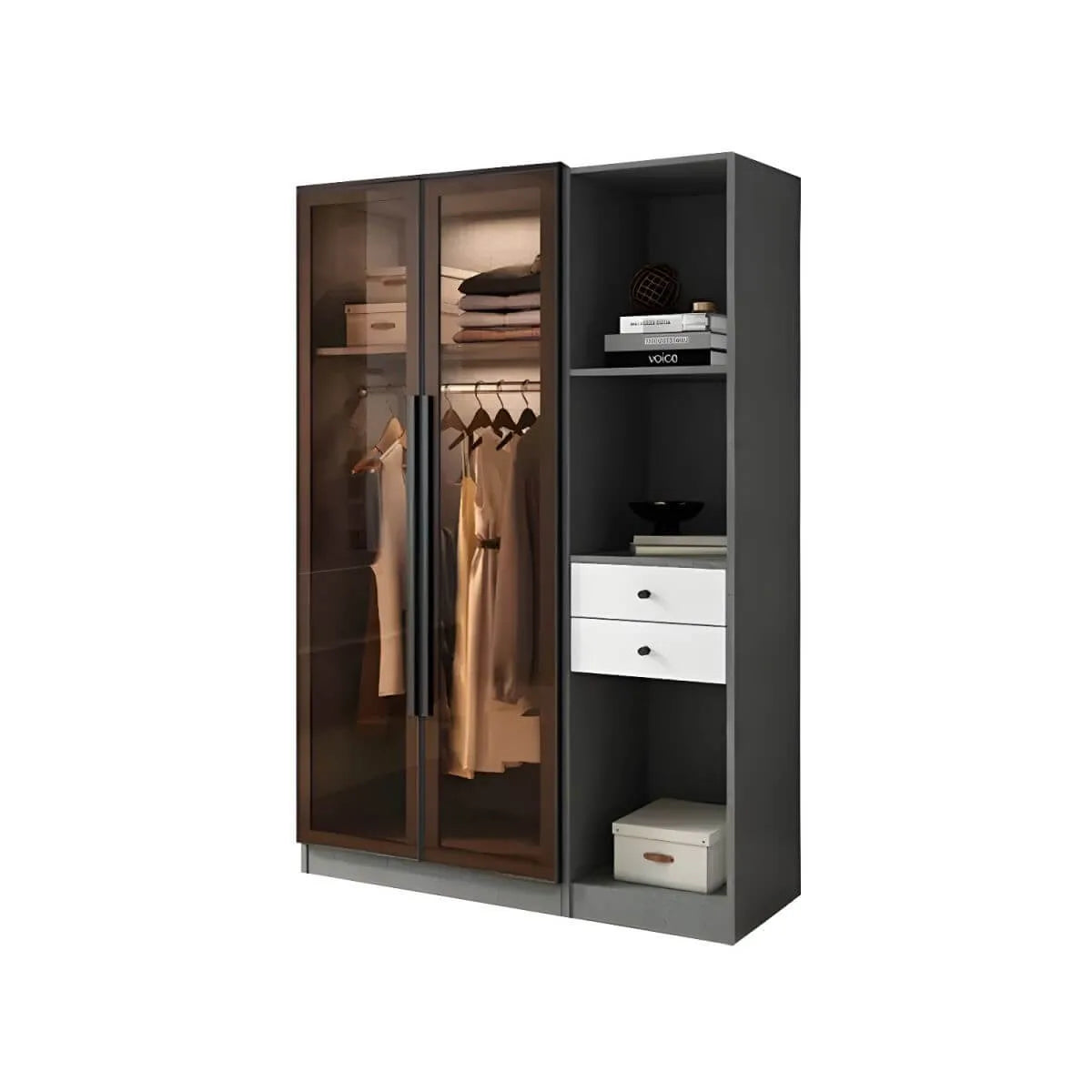 Glass Front Gray Wardrobe Armoire Series With Soft-Close Storage