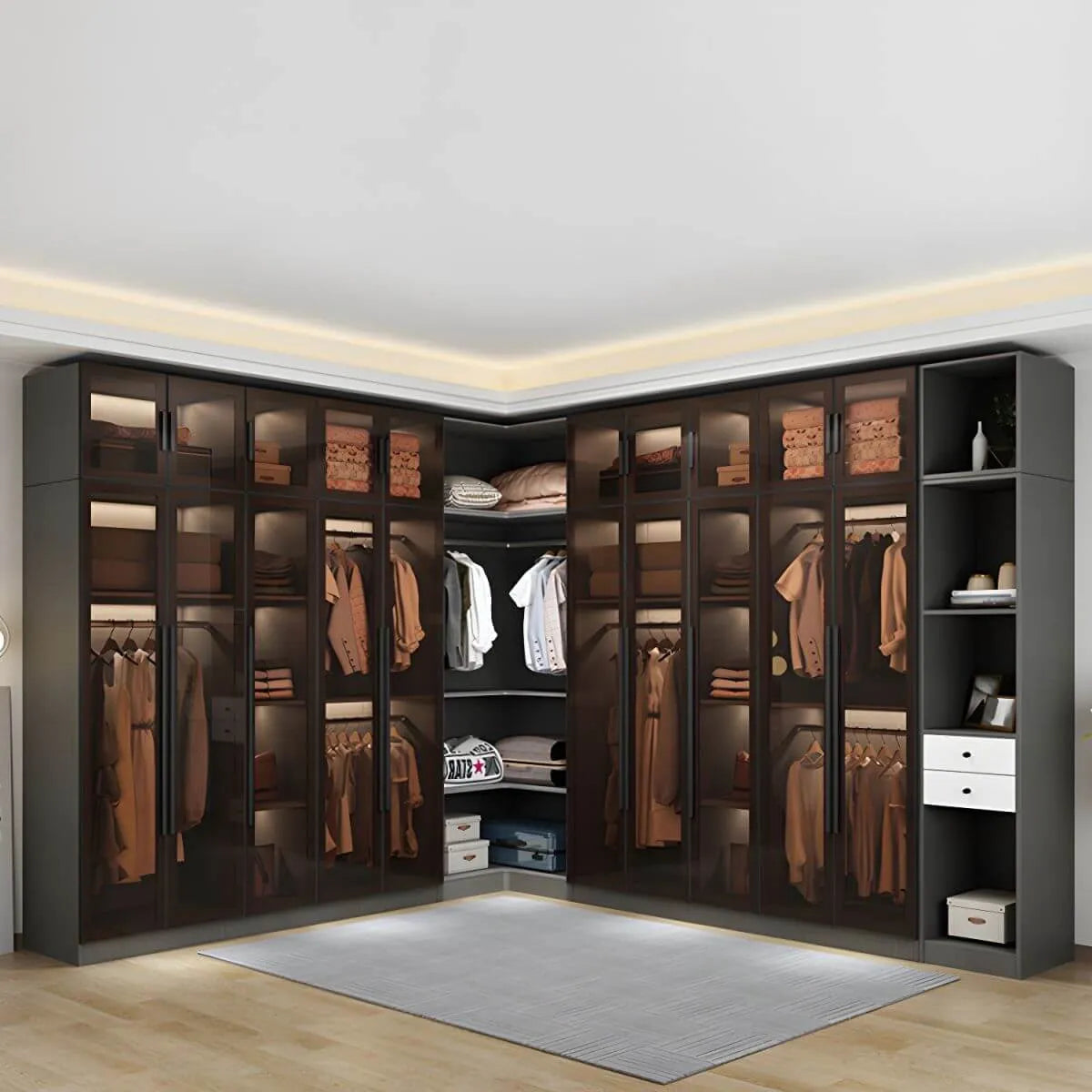 Glass Front Gray Wardrobe Armoire Series With Soft-Close Storage