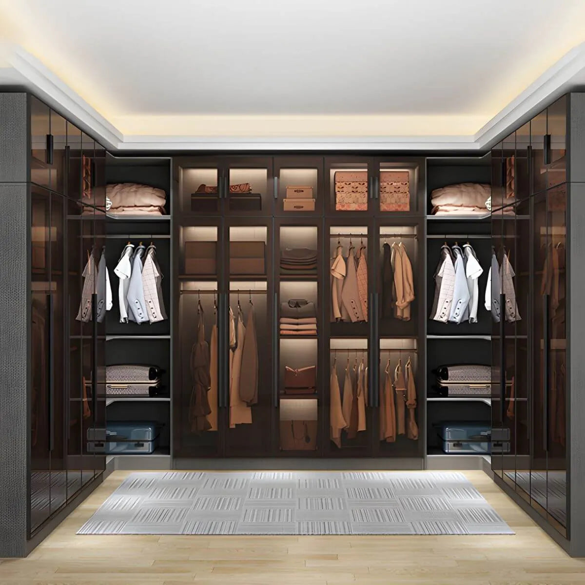 Glass Front Gray Wardrobe Armoire Series With Soft-Close Storage