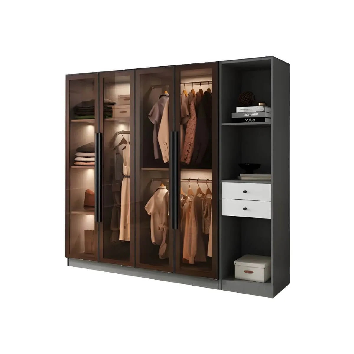 Glass Front Gray Wardrobe Armoire Series With Soft-Close Storage