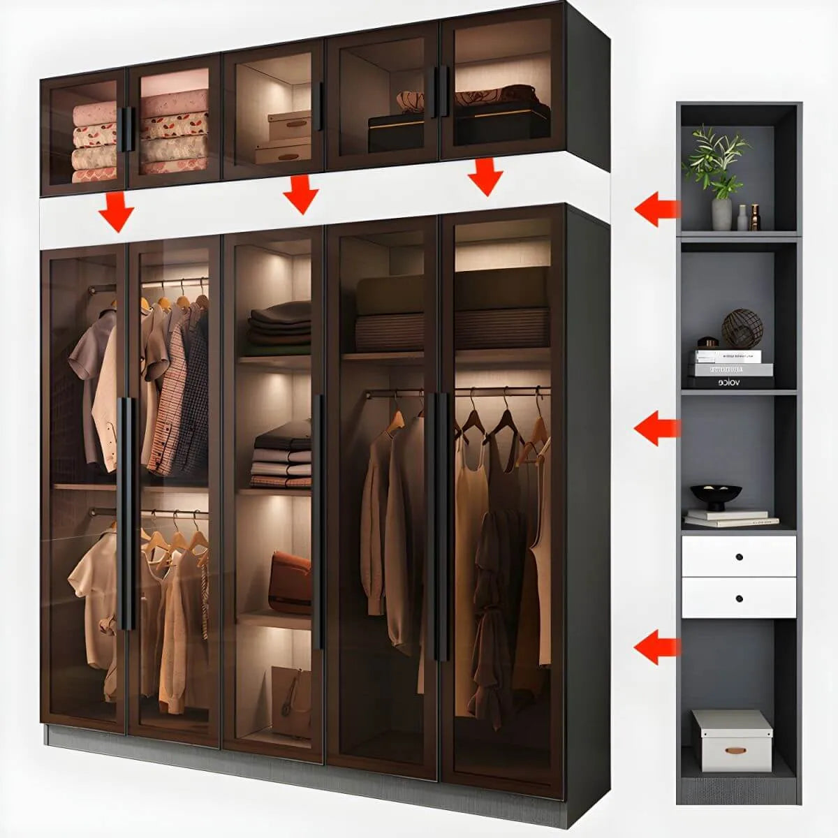 Glass Front Gray Wardrobe Armoire Series With Soft-Close Storage