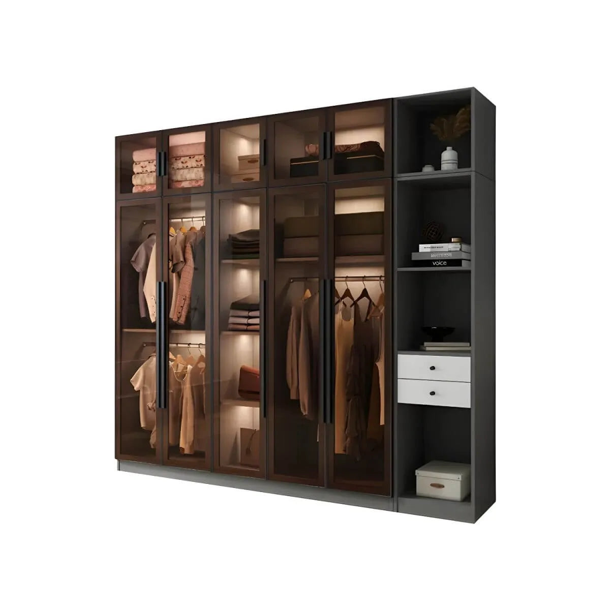 Glass Front Gray Wardrobe Armoire Series With Soft-Close Storage