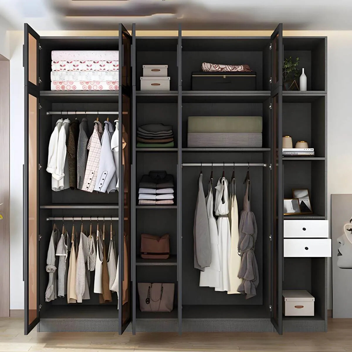 Glass Front Gray Wardrobe Armoire Series With Soft-Close Storage