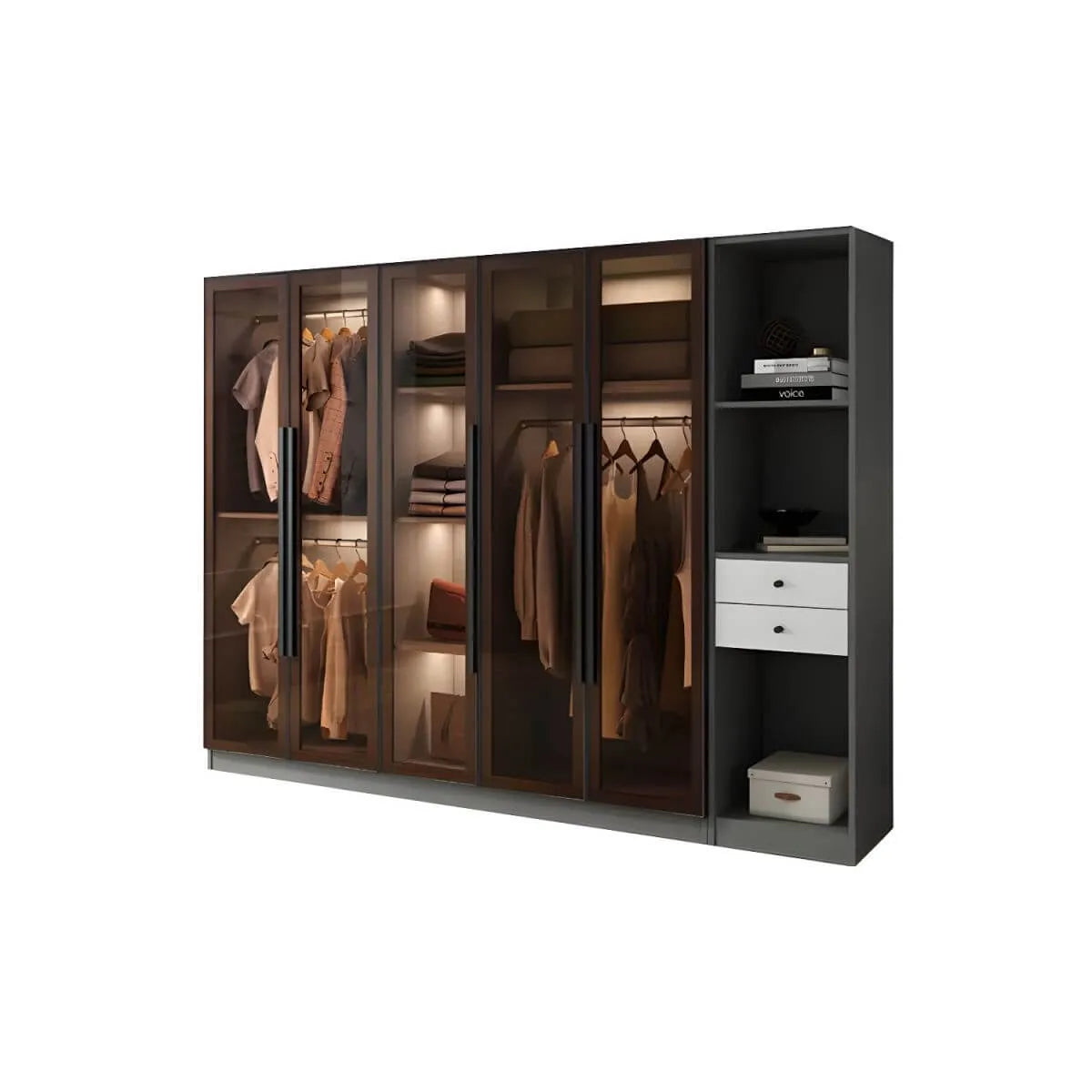 Glass Front Gray Wardrobe Armoire Series With Soft-Close Storage