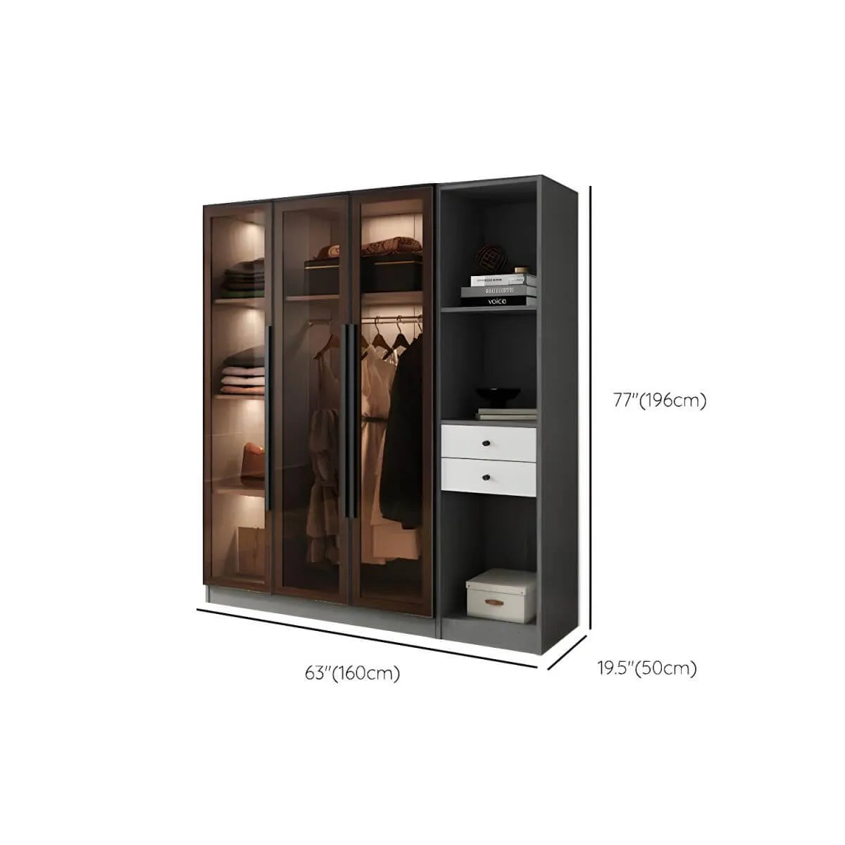 Glass Front Gray Wardrobe Armoire Series With Soft-Close Storage Dimensions